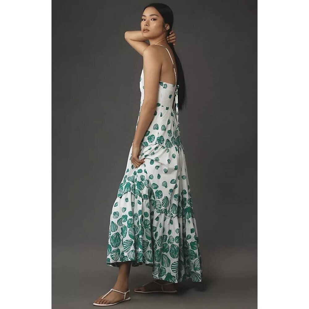 NWT Anthropologie Maeve Halter Tiered Lined Maxi Dress Green Seashells Size S - Picture 2 of 5